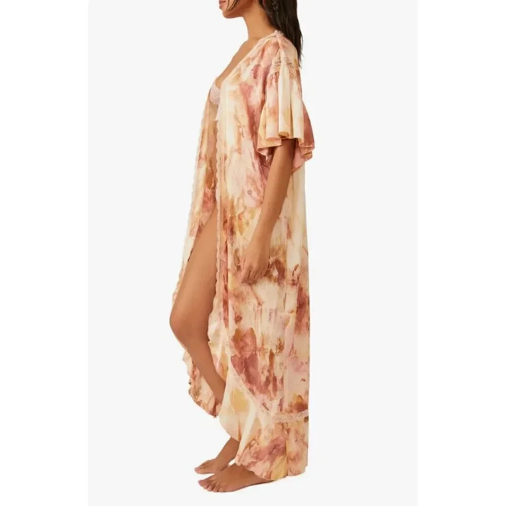 NWOT Free People abstract tie dye print satin effect & lace accent washed robe - Picture 10 of 16